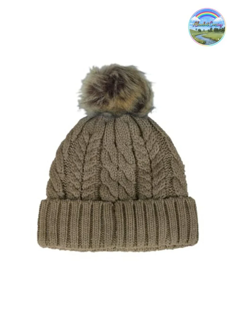 Cable Knit Faux Fur Pom Beanie Women Soft Lined Winter Hat